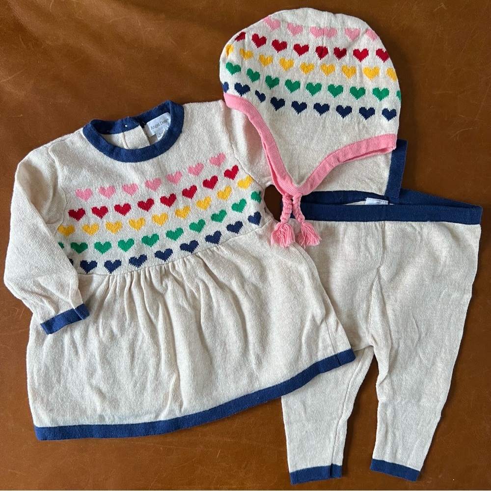 ANGEL DEAR Knit Cotton Heart Dress, Pants & Hat, 3-6mo